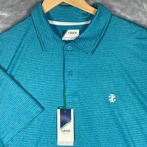 IZOD Golf Mens Polo Shirt Large Teal Blue Striped Short Sleeve Performance NWT
